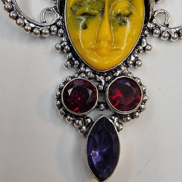 Sterling Silver Pendant with Yellow Carved Face and Multi-Gem Accents - Picture 3 of 11